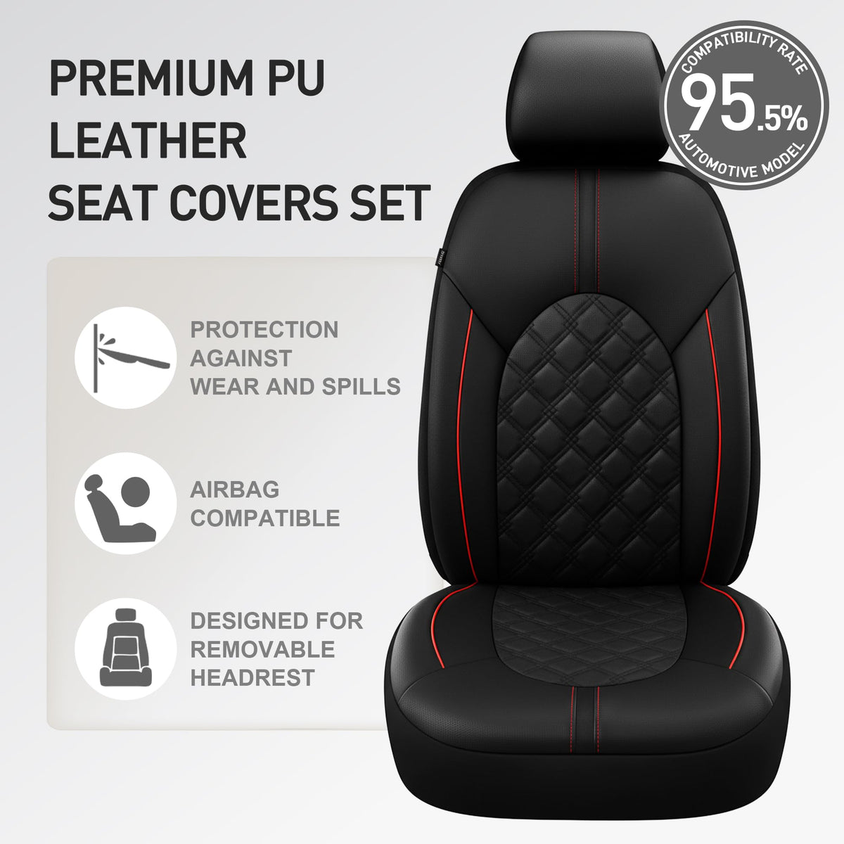 PU Leather Car Seat Covers Full Set Waterproof Split Bench Black Red Q367146