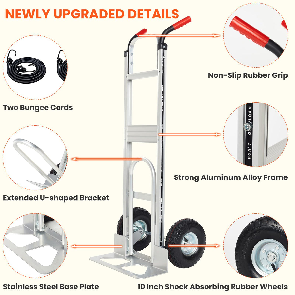 Aluminum Hand Truck Dolly Cart with 10" Pneumatic Tire, 600 LBS Capacity N849