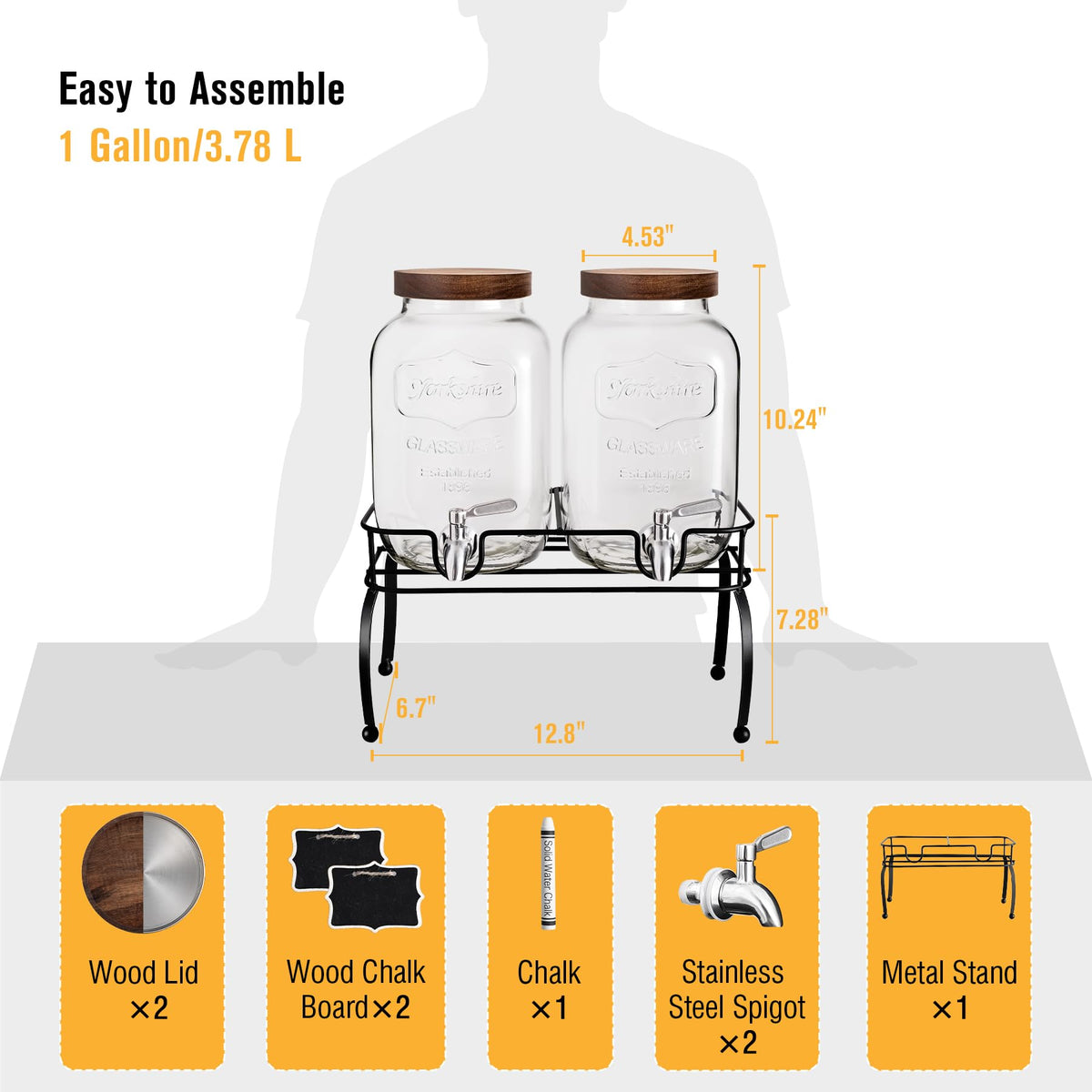 1 Gallon Glass Drink Dispenser with Stand, 2 Pcs N457