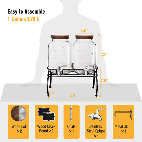 1 Gallon Glass Drink Dispenser with Stand, 2 Pcs N457