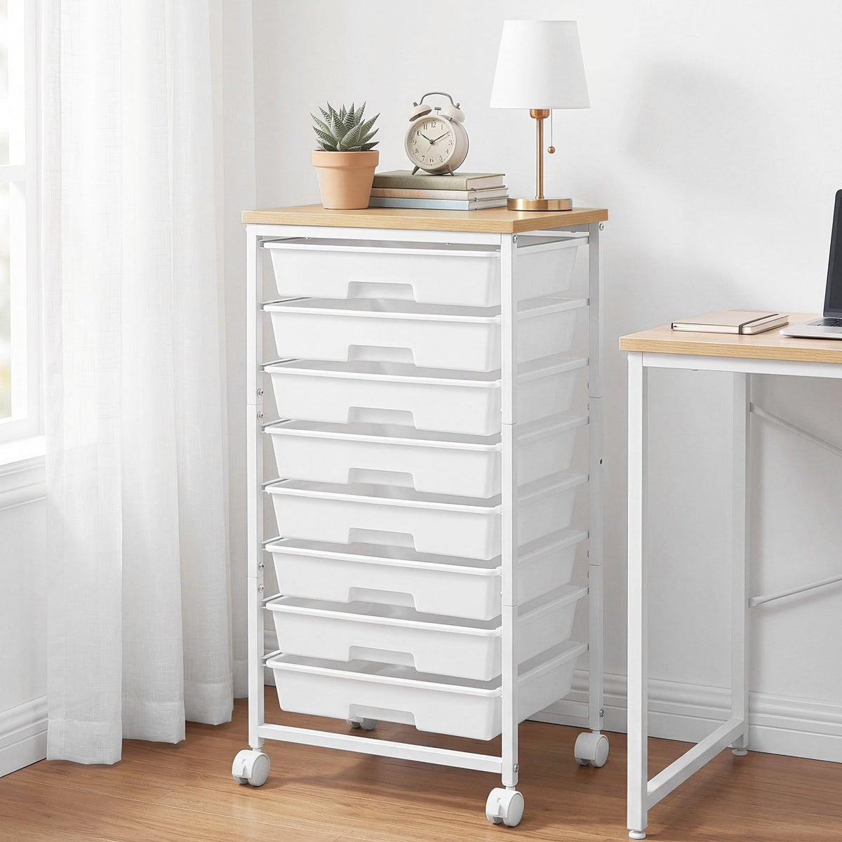 8 Drawer Rolling Storage Cart with Wooden Tabletop C88084