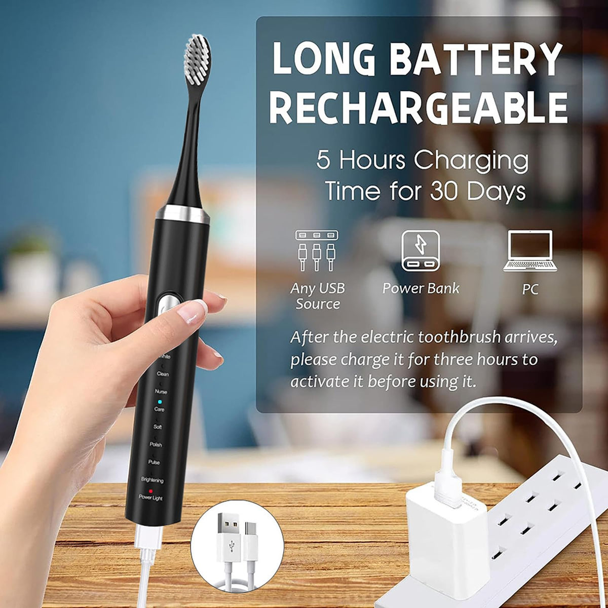 Rechargeable Electric Toothbrush with 4 Replacement Heads W1271