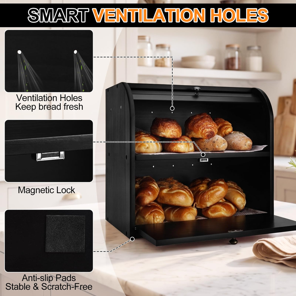 Black Roll Top Bread Box with Cutting Board F999458