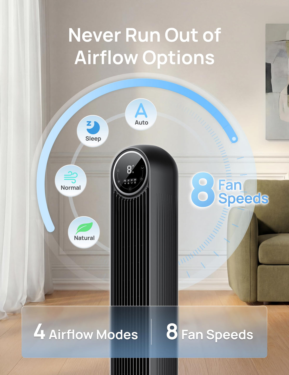 Ultra Quiet Tower Fan, 8 Speeds J206