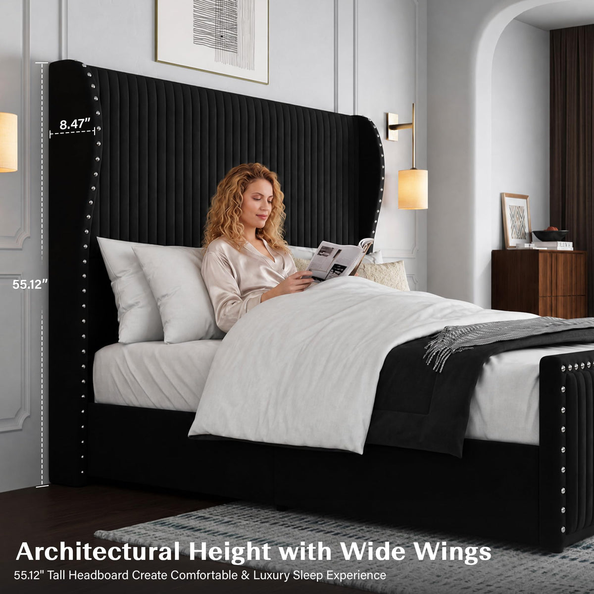 Queen Size Bed Frame with 55" Headboard Black Y57598