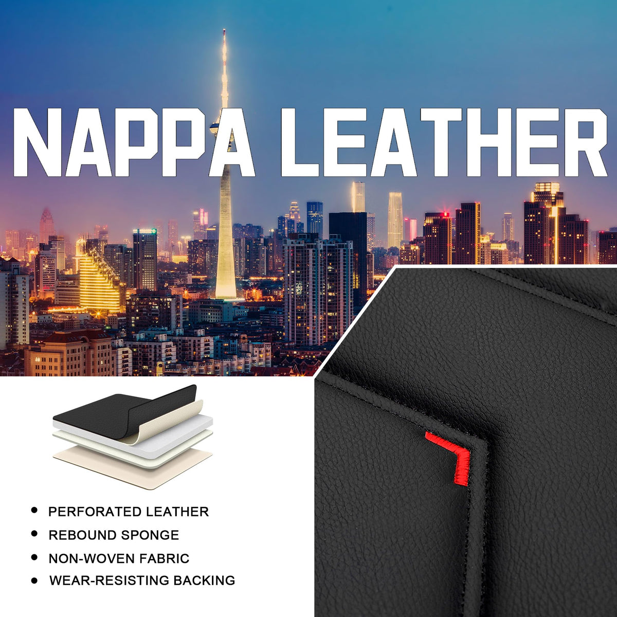 Black Red Nappa Leather Car Seat Covers Set S469