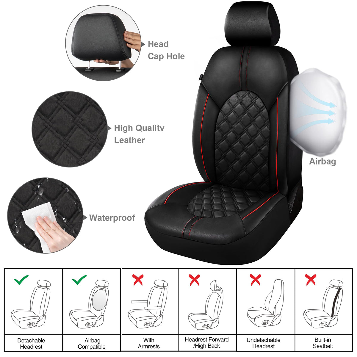 PU Leather Car Seat Covers Full Set Waterproof Split Bench Black Red Q367146