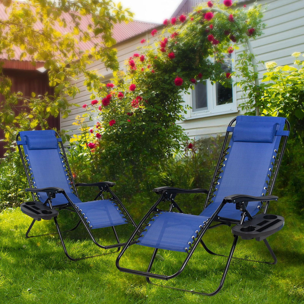 Set of 2 Adjustable Steel Mesh Zero Gravity Lounge Chairs with Pillow and Cup Holder J43306