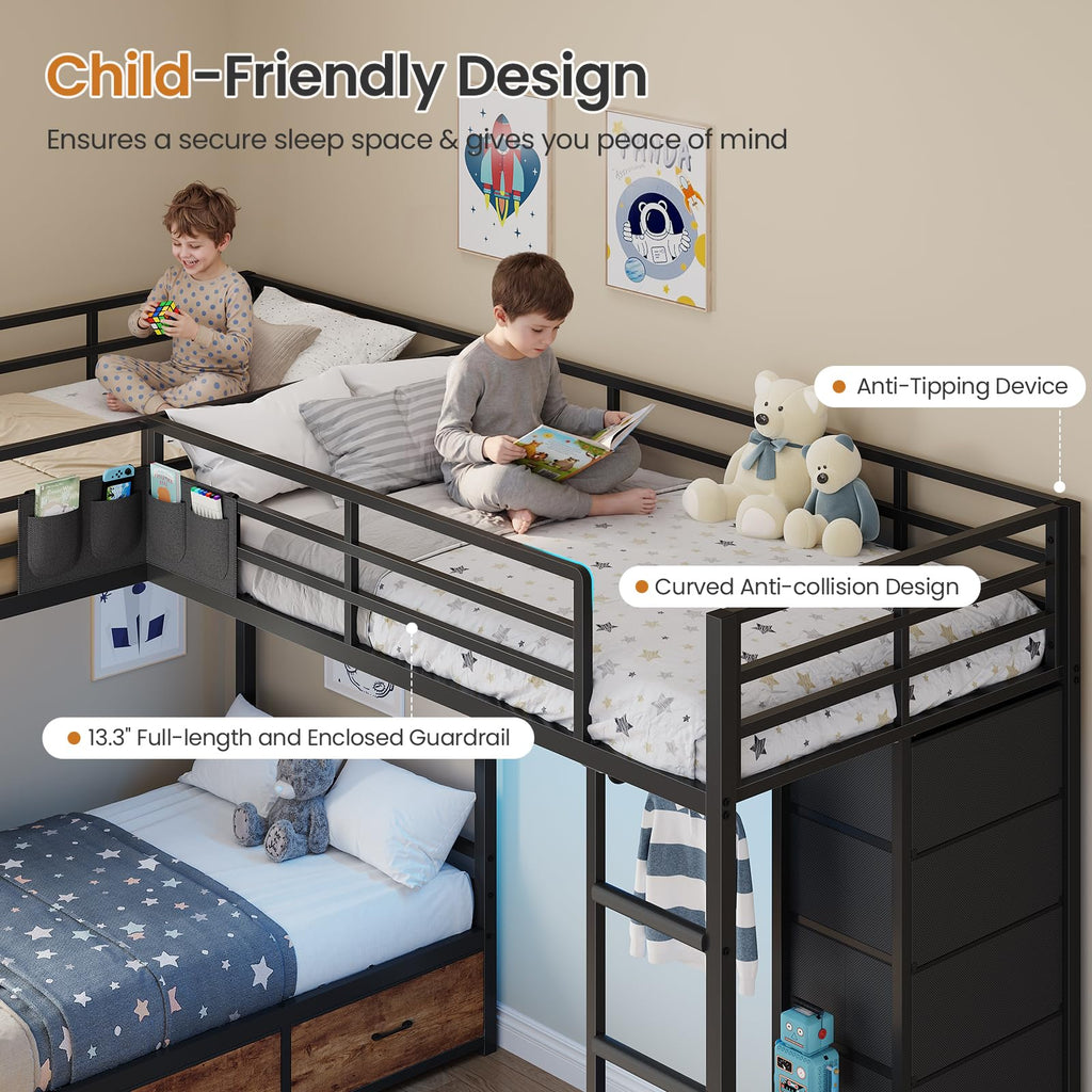 Black Twin Over Twin Triple Bunk Bed with 9 Storage Drawers N726902