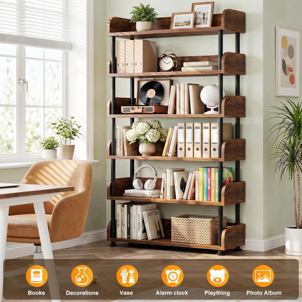 6-Tier Tall Open Bookshelf with Metal Frame O50199