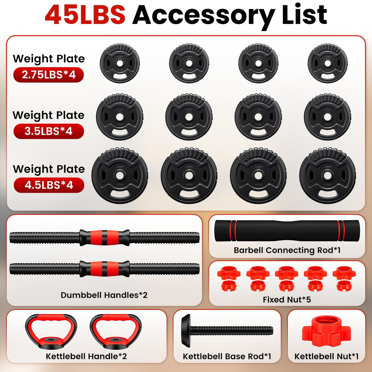 Adjustable Dumbbell Set 22/33/45/70/90lb Free Weight Set with Connector V267746