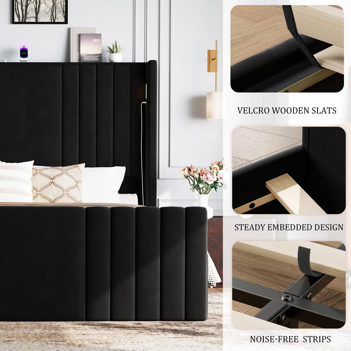 Queen Size Platform Bed Frame with Reading Lights X18139