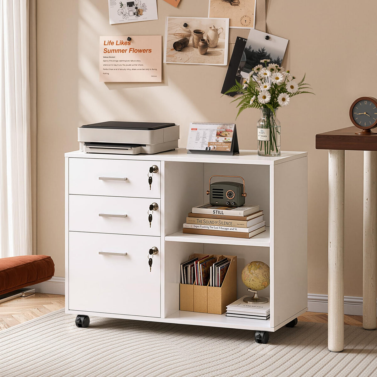 White 3 Drawer Wood File Cabinet with Lock W83410