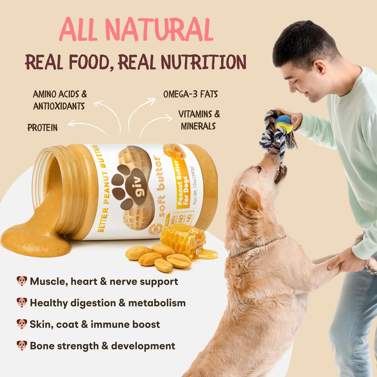 All Natural Peanut Butter for Dogs, 2 Ingredients, 4oz Pouches (6 Count) O9932