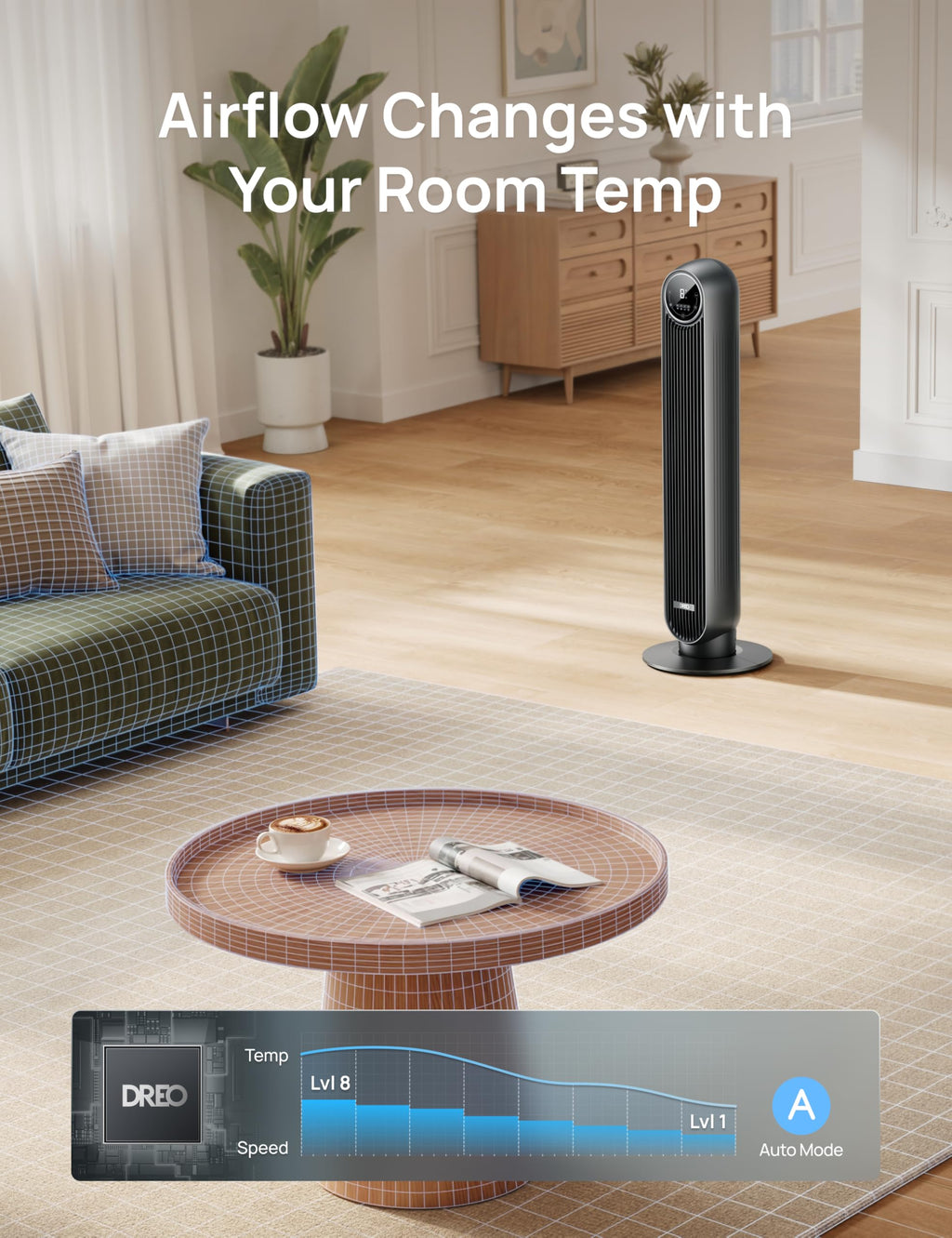 Ultra Quiet Tower Fan, 8 Speeds J206
