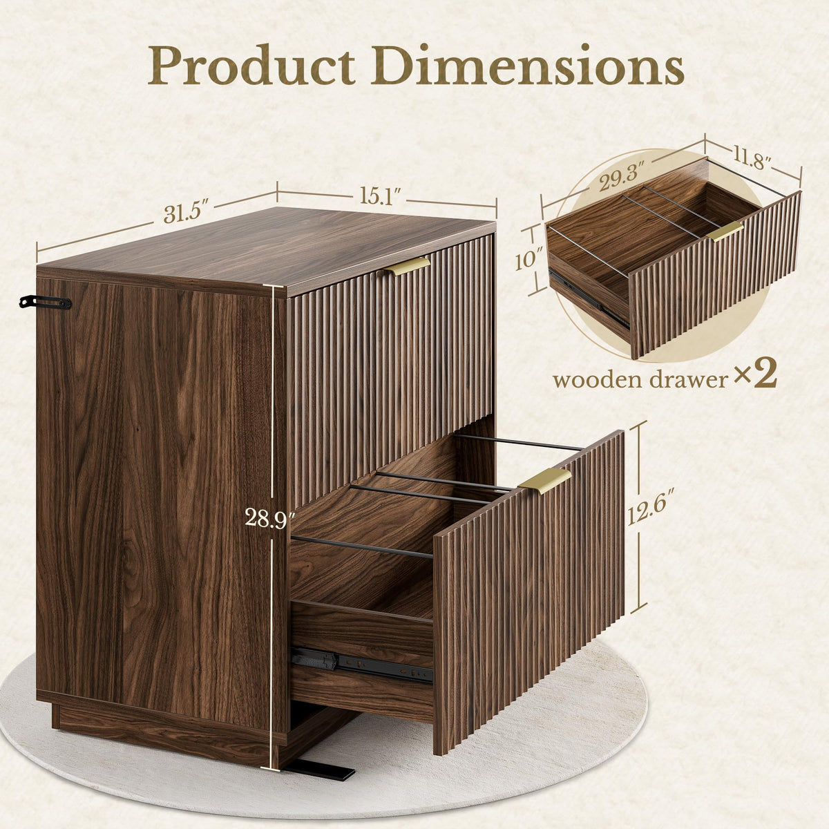 Black Walnut 2 Drawer Fluted Lateral File Cabinet U996