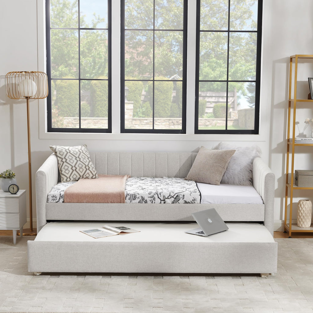 Beige Linen Twin Size Daybed with Trundle Z38306