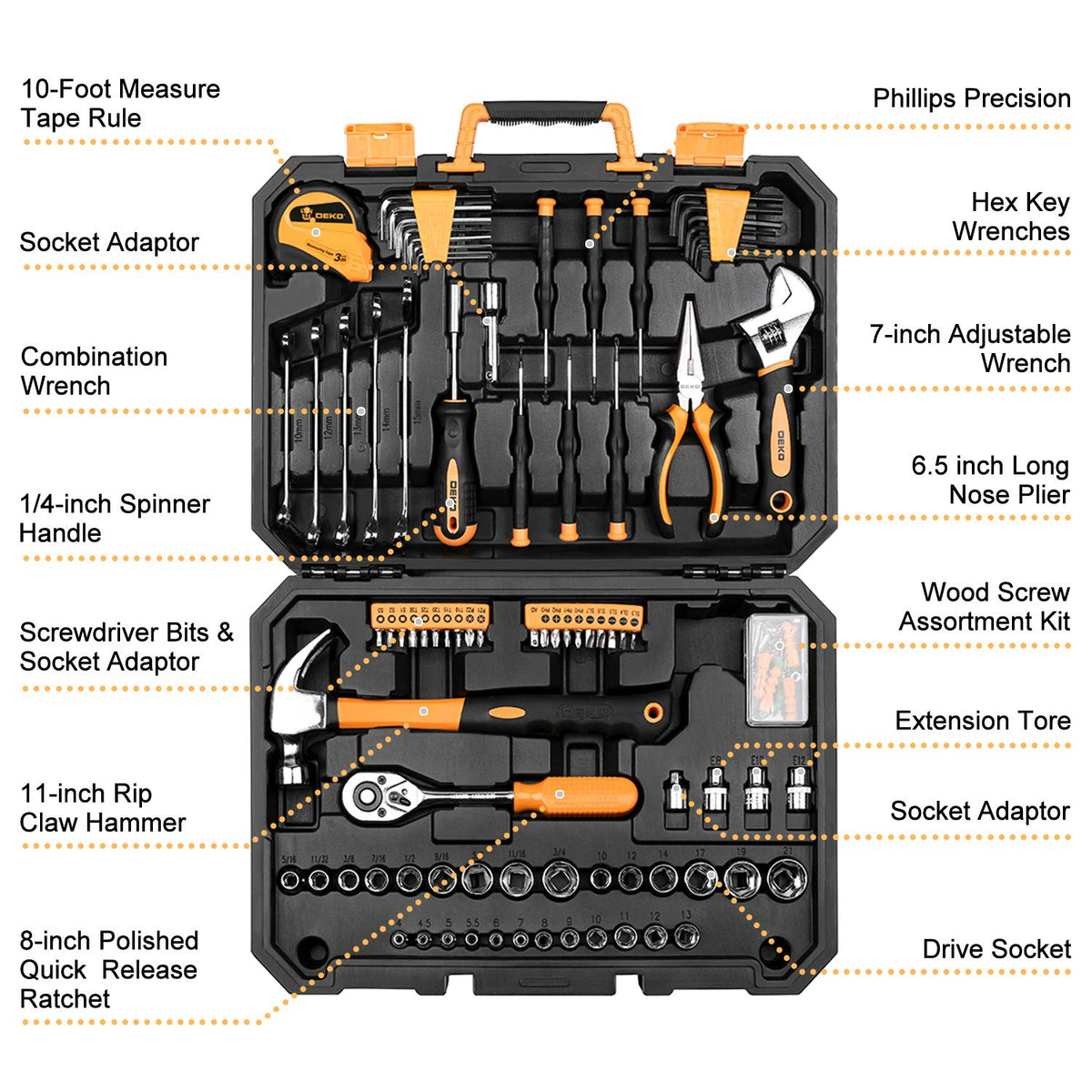 128 Piece Household Hand Tool Kit with Plastic Toolbox Storage Case W575