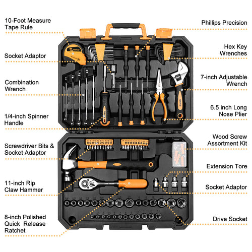 128 Piece Household Hand Tool Kit with Plastic Toolbox Storage Case W575
