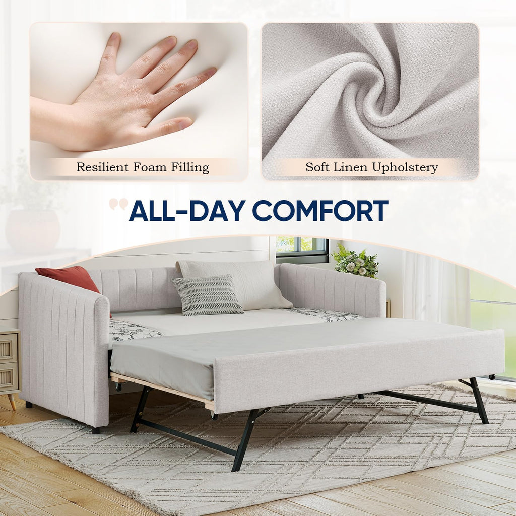 Beige Linen Twin Size Daybed with Trundle Z38306