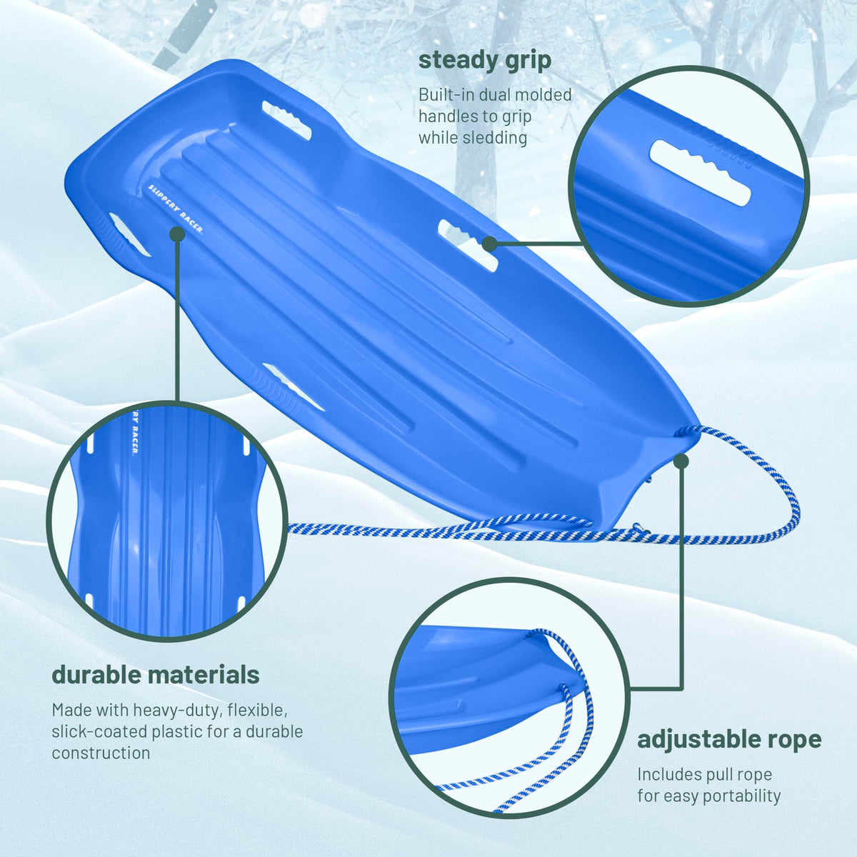 Kids Plastic Snow Sled with Pull Rope and Handles, Blue B8244