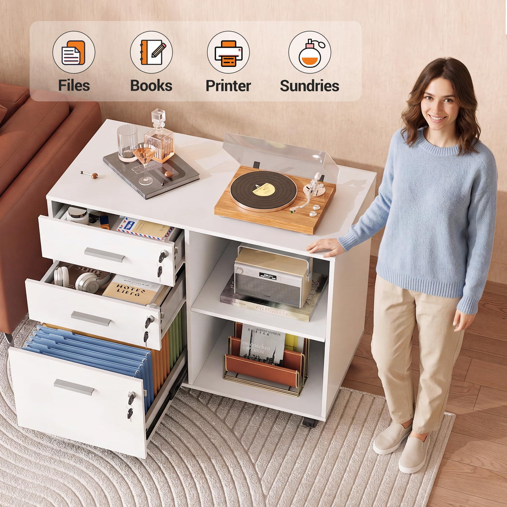 White 3 Drawer Wood File Cabinet with Lock W83410