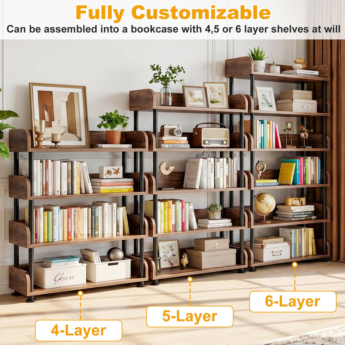 6-Tier Tall Open Bookshelf with Metal Frame O50199