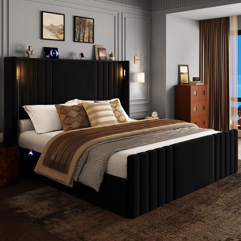 Queen Size Platform Bed Frame with Reading Lights X18139