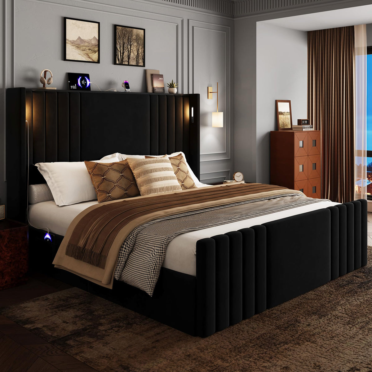 Queen Size Platform Bed Frame with Reading Lights X18139