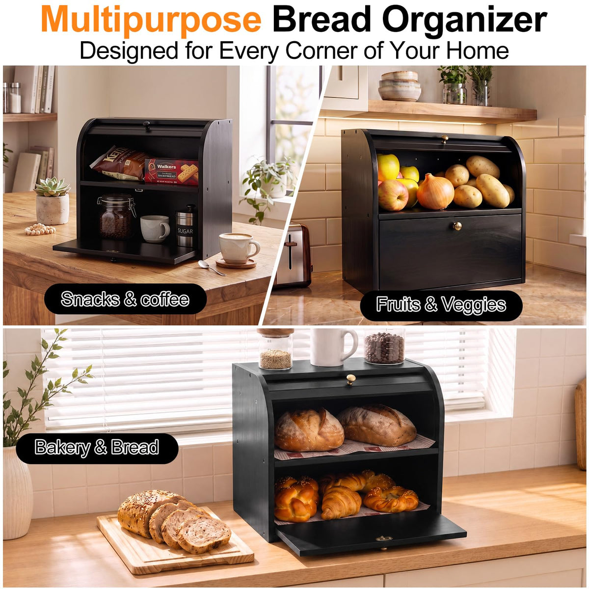Black Roll Top Bread Box with Cutting Board F999458
