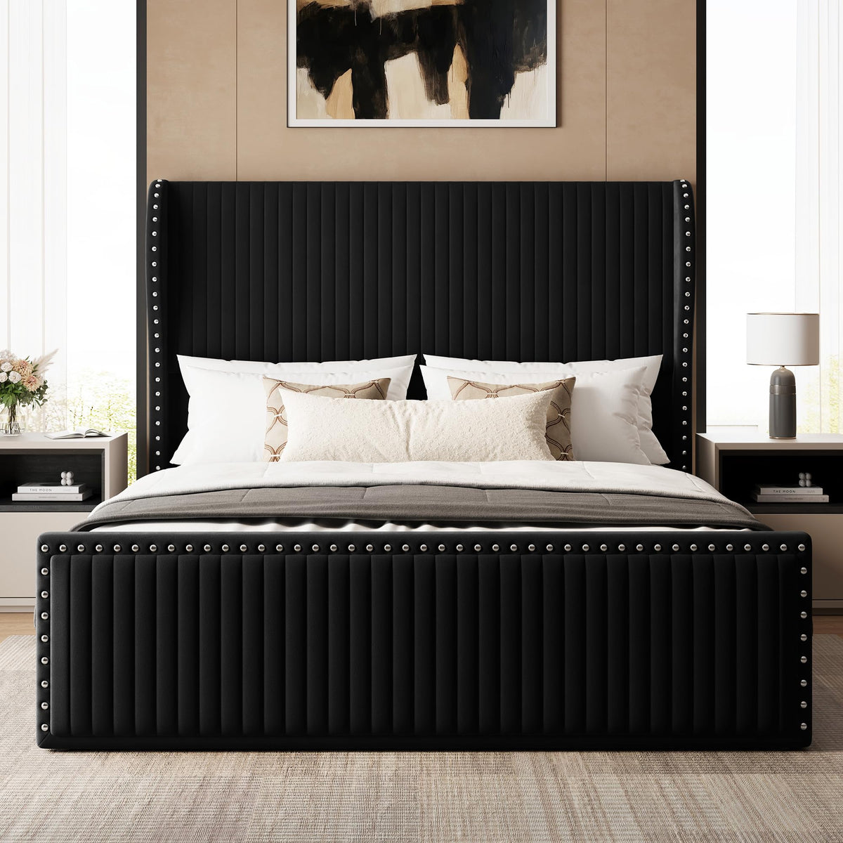 Queen Size Bed Frame with 55" Headboard Black Y57598