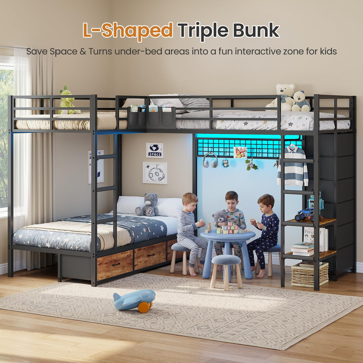 Black Twin Over Twin Triple Bunk Bed with 9 Storage Drawers N726902