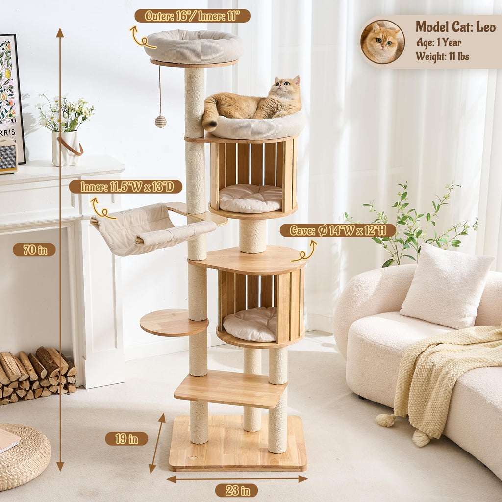 70" Wood Cat Tree with 2 Cat Caves G403010