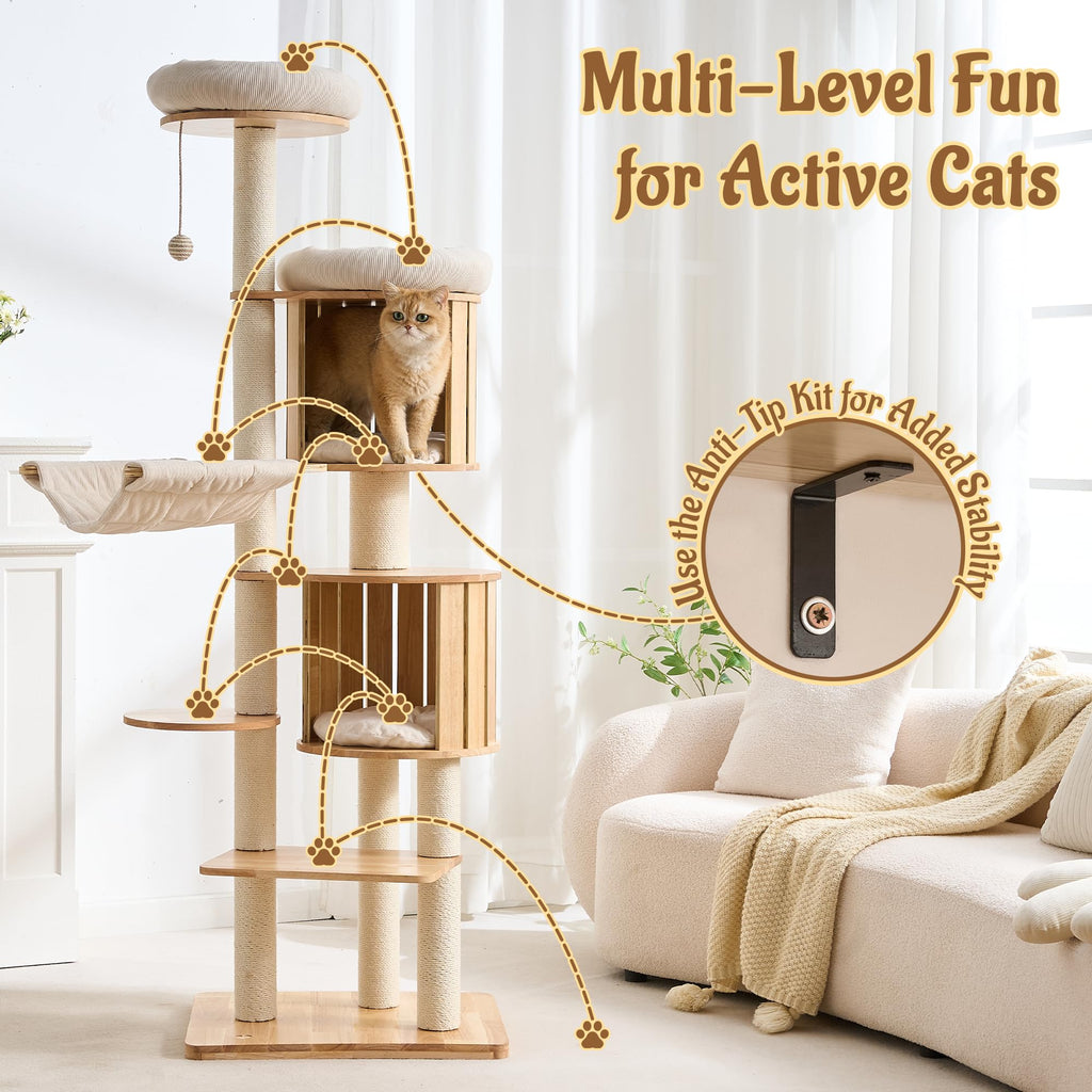 70" Wood Cat Tree with 2 Cat Caves G403010