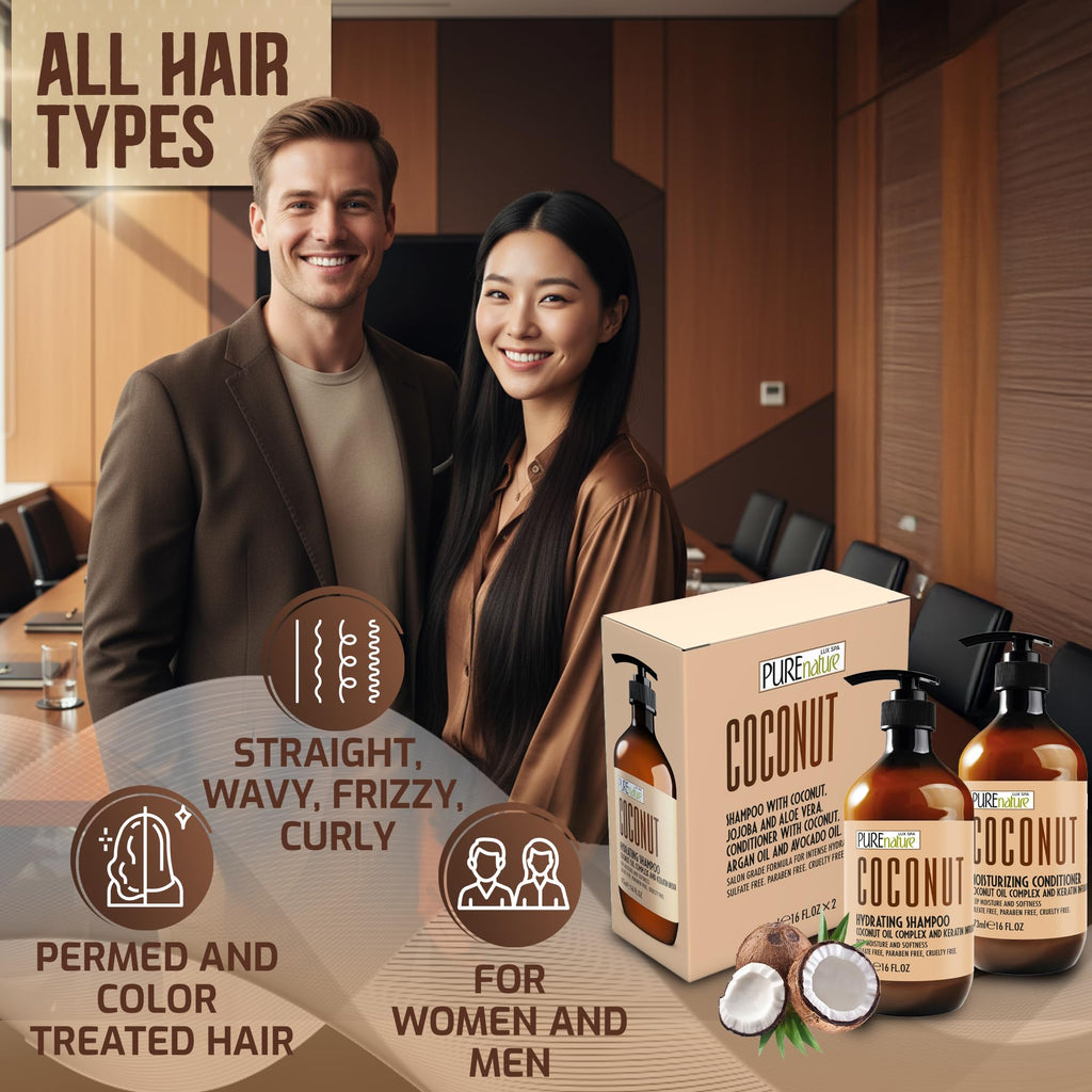 Sulfate Free Coconut Shampoo and Conditioner Set 16 Fl Oz E626