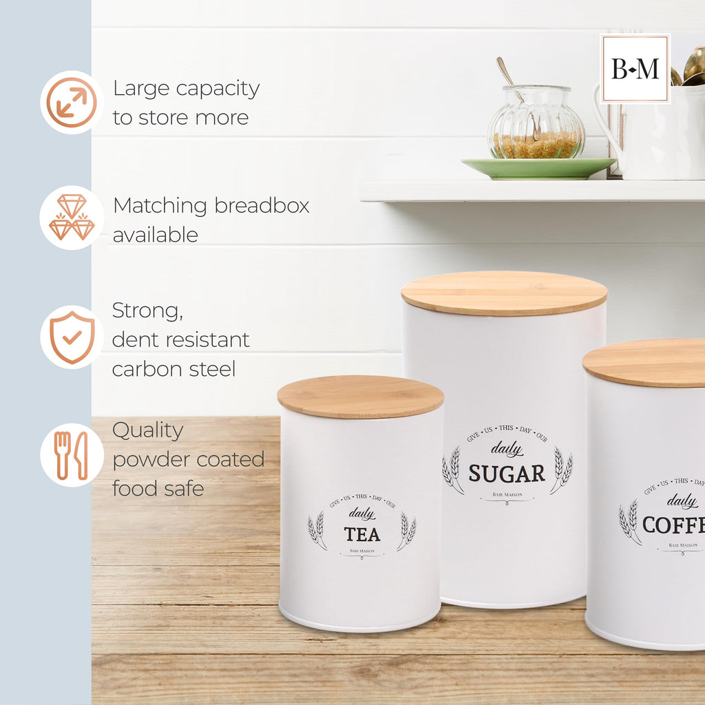 Extra Large White Farmhouse Bread Box with Canisters Set of 3 T5894