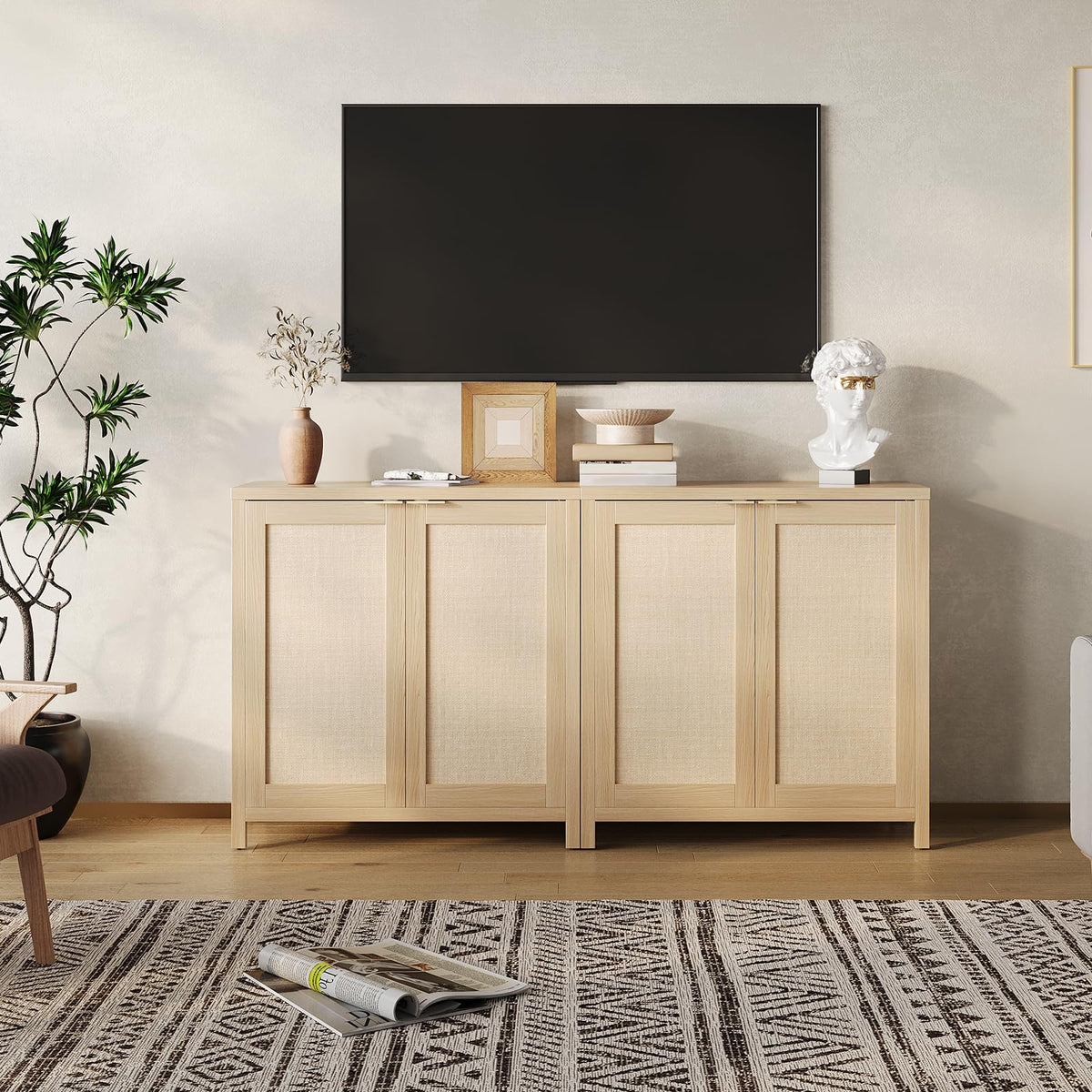 Light Oak Rattan Storage Cabinet with Adjustable Shelves P20033