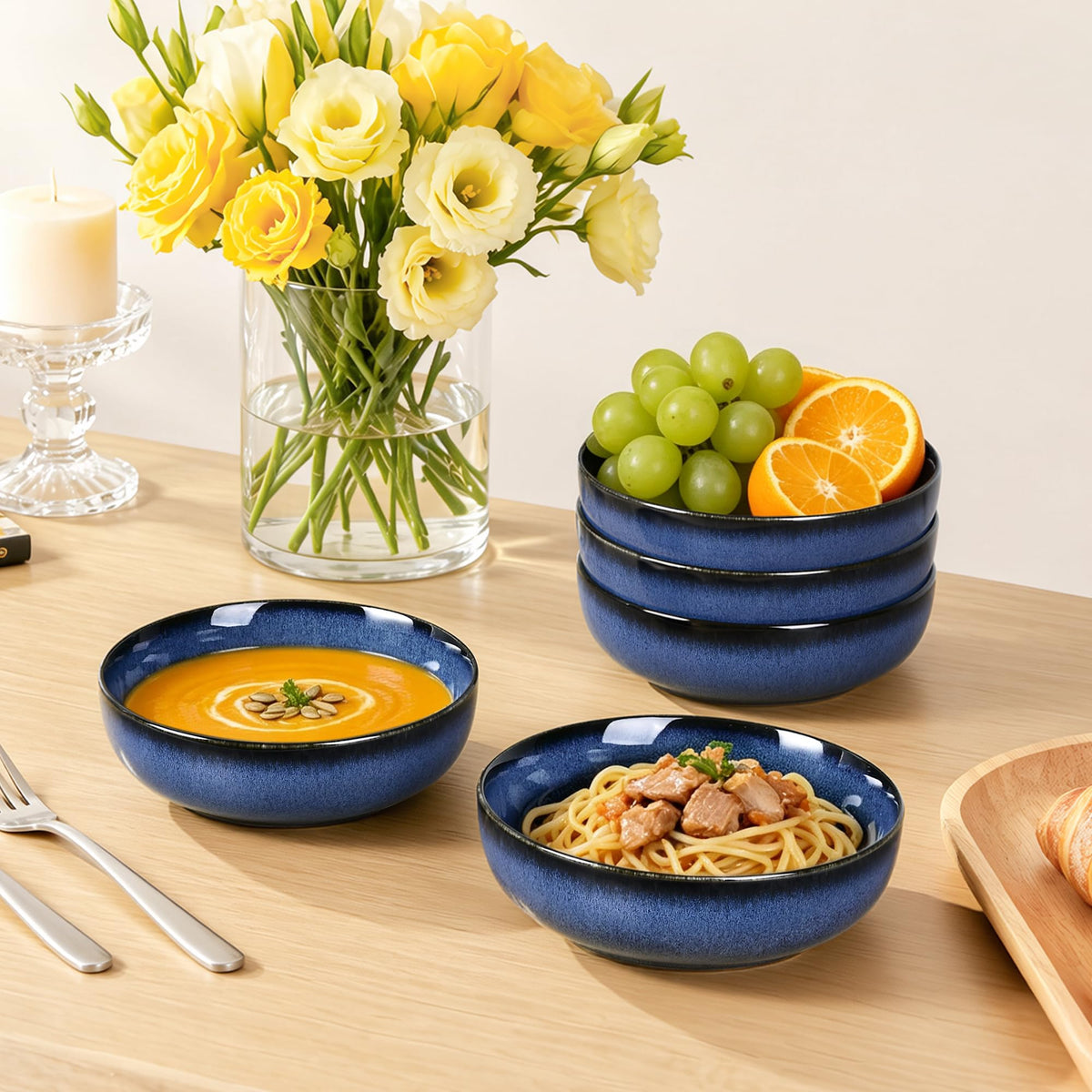 Blue Porcelain Pasta Bowls Set for 4 T334339
