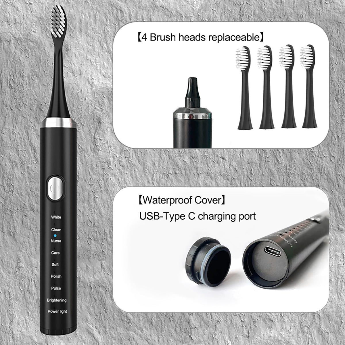 Rechargeable Electric Toothbrush with 4 Replacement Heads W1271