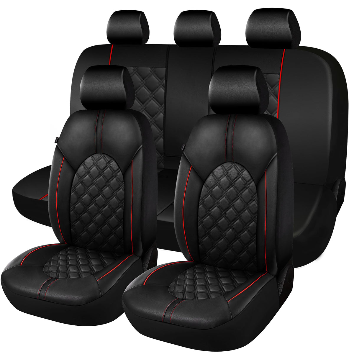 PU Leather Car Seat Covers Full Set Waterproof Split Bench Black Red Q367146
