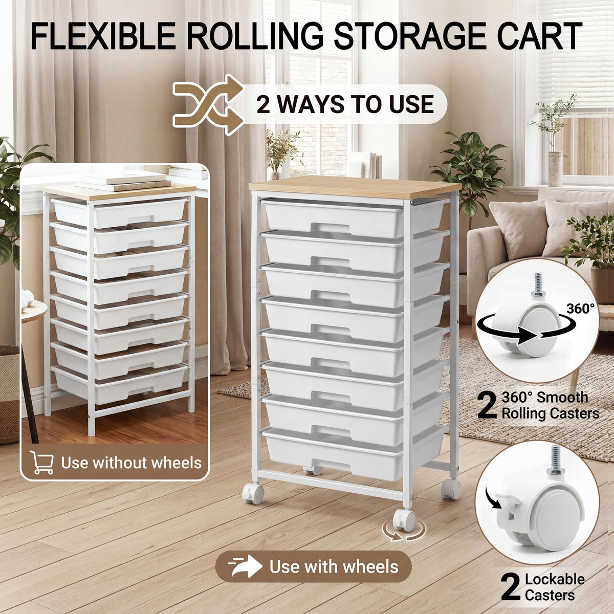 8 Drawer Rolling Storage Cart with Wooden Tabletop C88084
