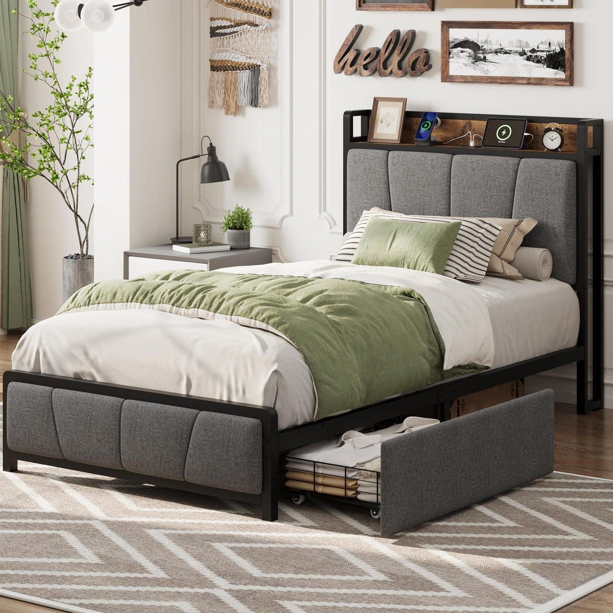 Gray Twin Size Bed Frame with 2 Drawers Q994