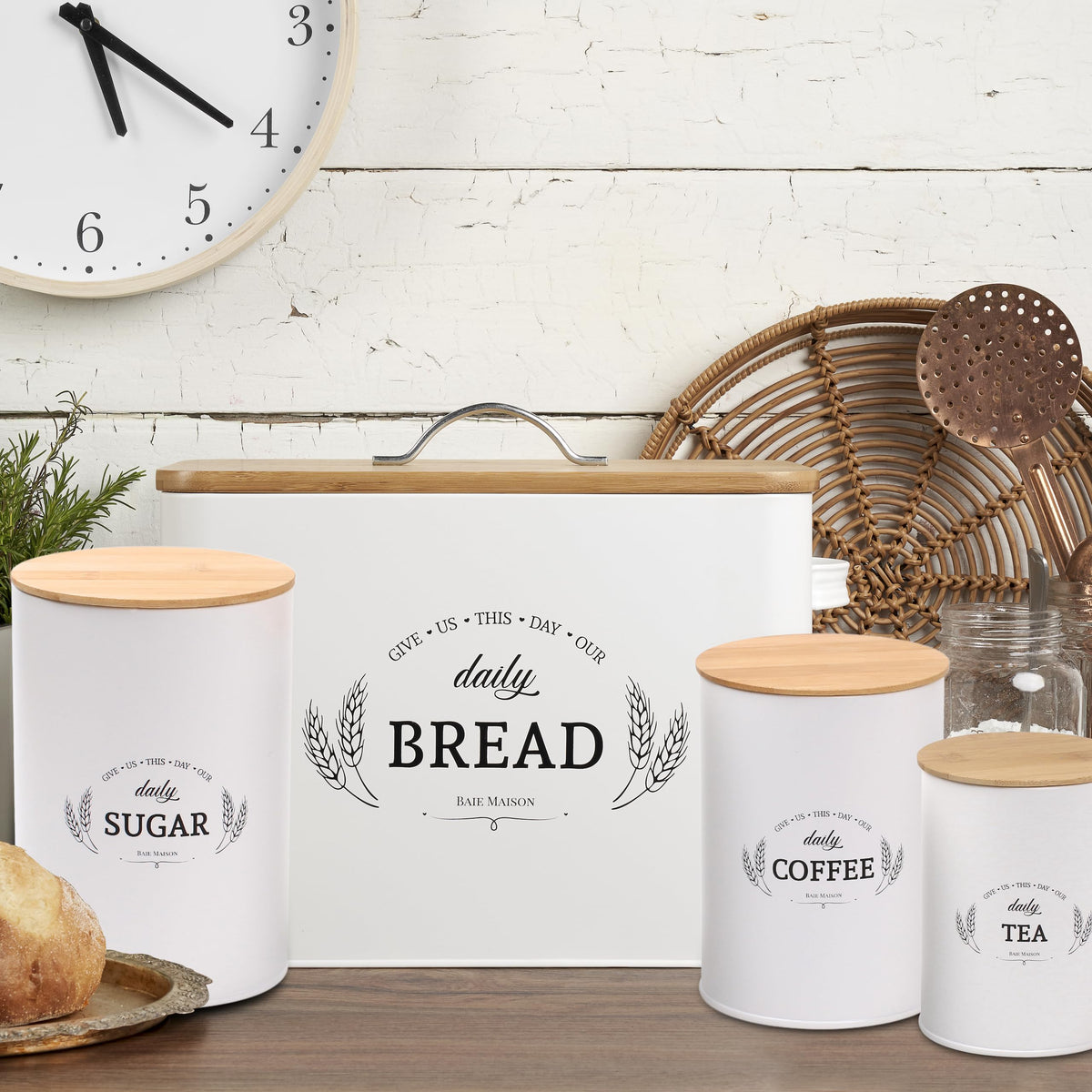 Extra Large White Farmhouse Bread Box with Canisters Set of 3 T5894