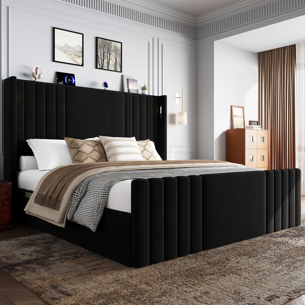 Queen Size Platform Bed Frame with Reading Lights X18139