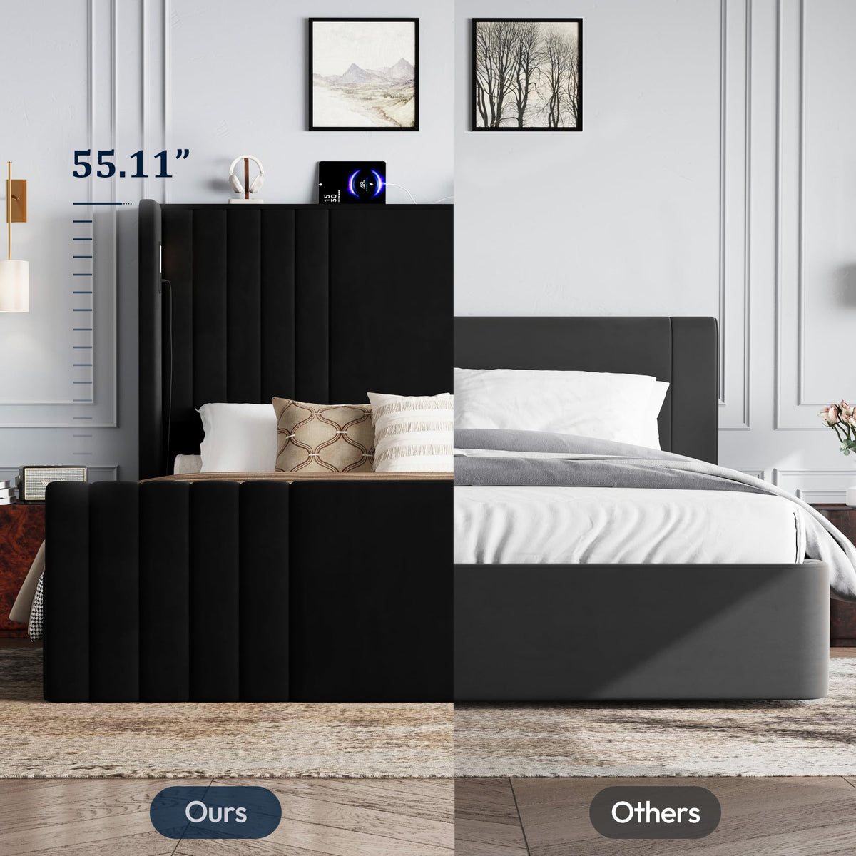 Queen Size Platform Bed Frame with Reading Lights X18139