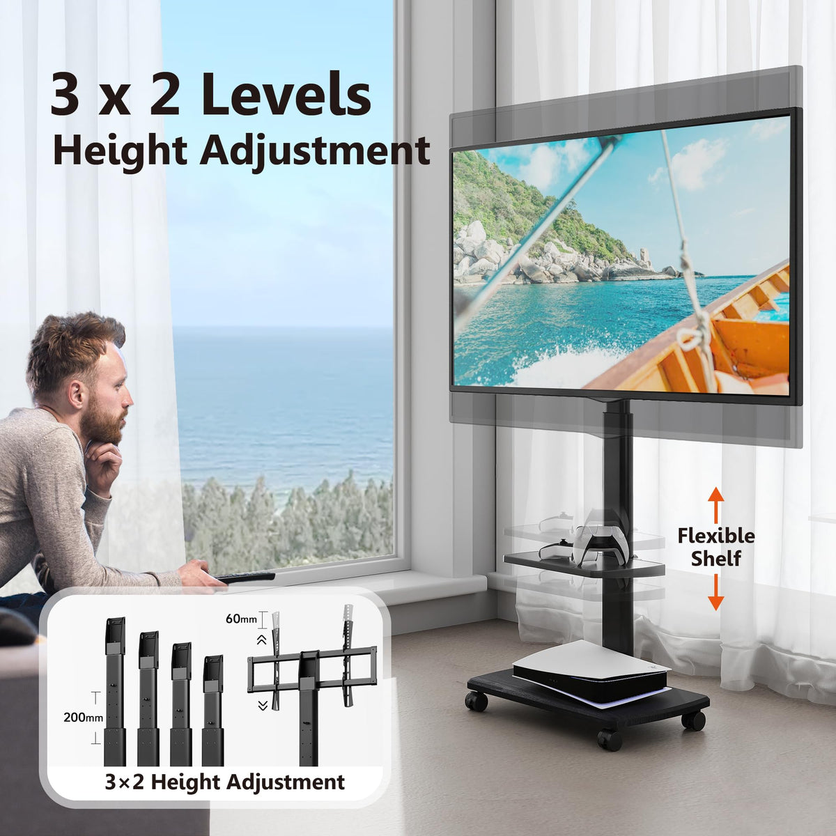 Black Rolling TV Stand for 32-75 Inch TVs V772