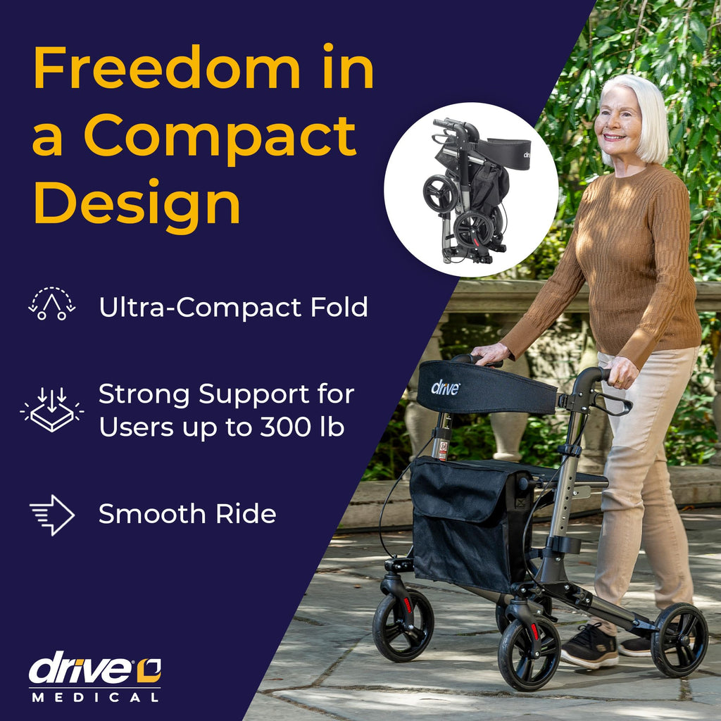 Compact Folding Rollator with Seat and Brakes, 8-Inch Wheels X49829