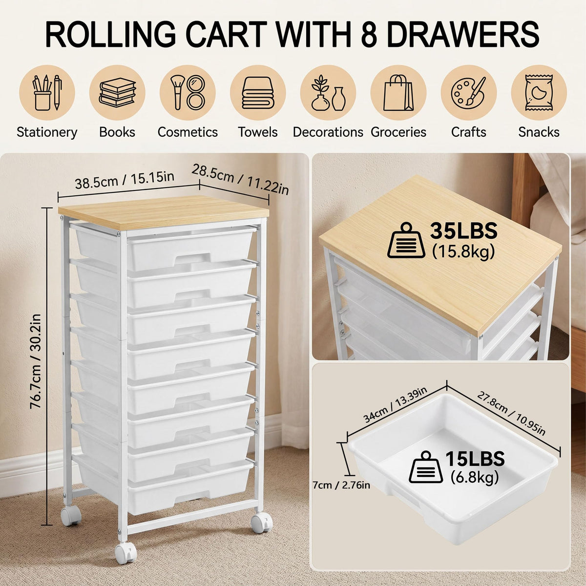8 Drawer Rolling Storage Cart with Wooden Tabletop C88084