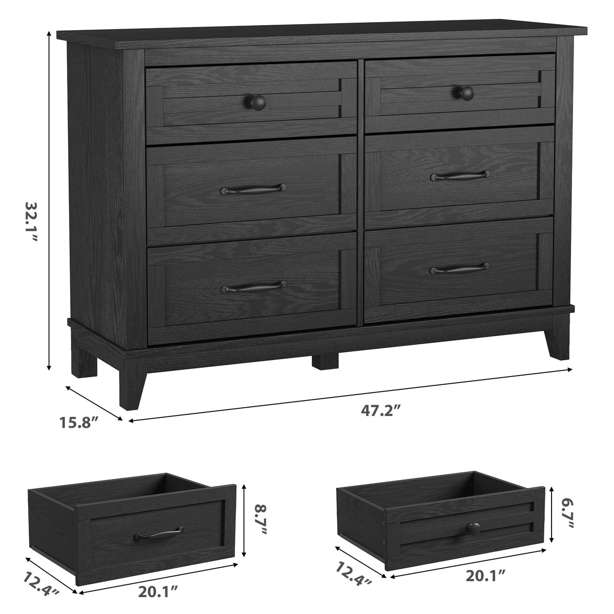 6 Drawer Wood Dresser Dark Black K9123