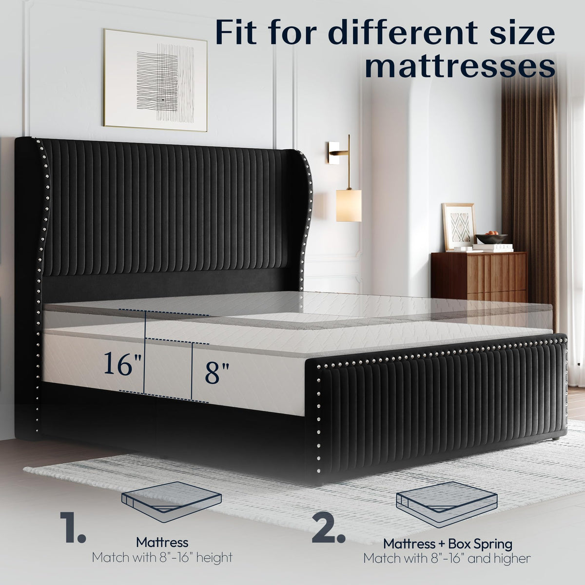 Queen Size Bed Frame with 55" Headboard Black Y57598